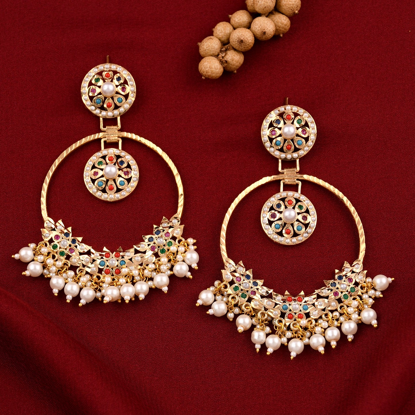 Jadaau Navratna Chandbali Earrings