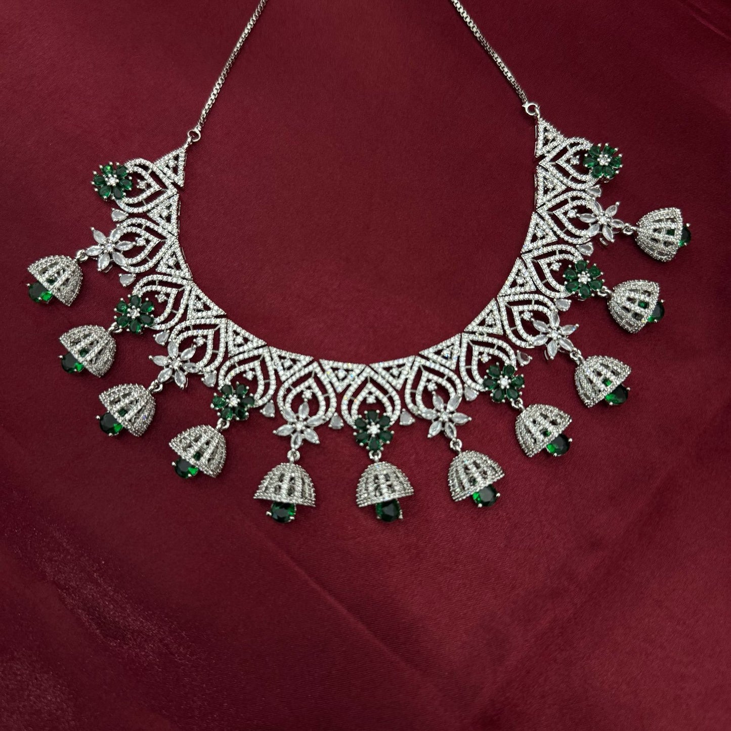 Emerald Stone American Diamond Necklace Set