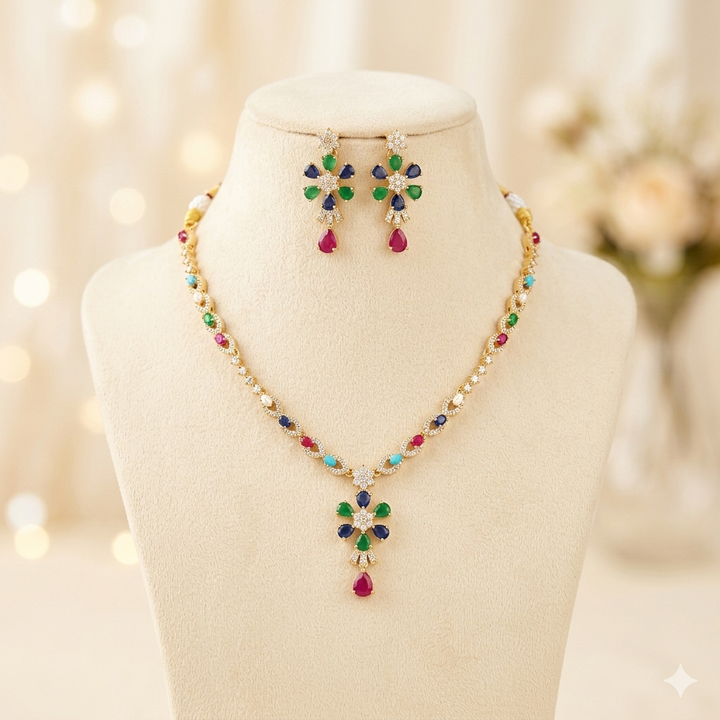 Gold Plated Navratna Necklace Set