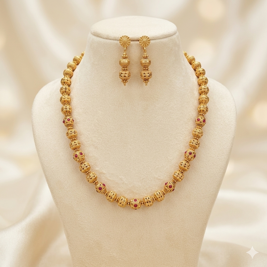Ruby Stone Gold Ball Mala Necklace Set
