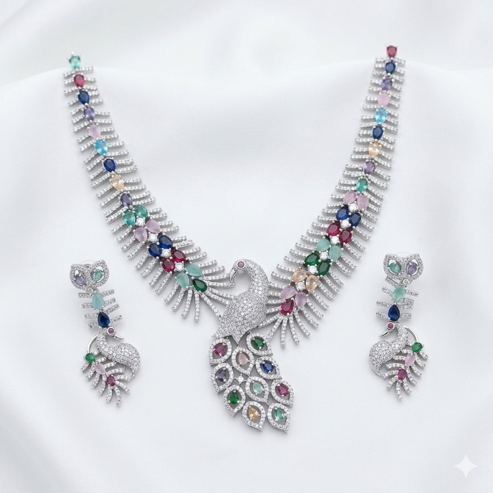 Sparkling Peacock American Diamond Necklace Set with Earrings