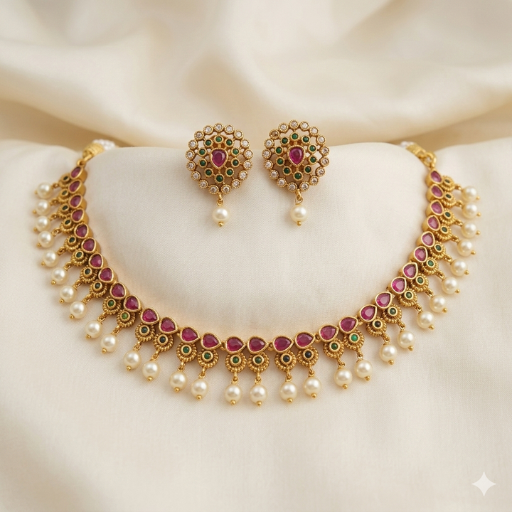 Traditional Gold Plated Minimal Ruby Necklace Set