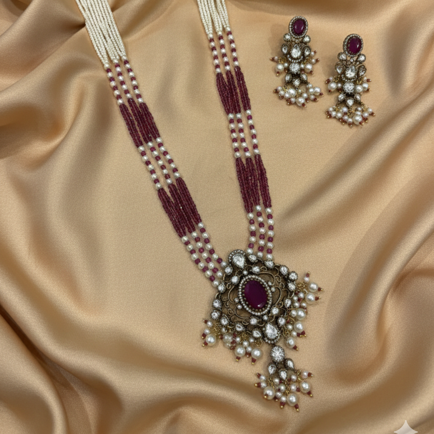 Polki Pendant with Beads Mala