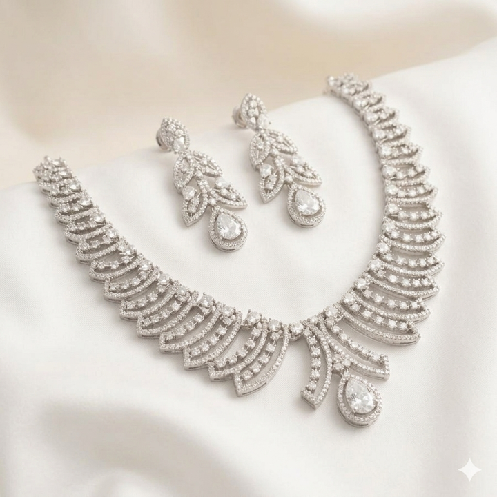 Elegant Silver-Polished American Diamond Necklace Set