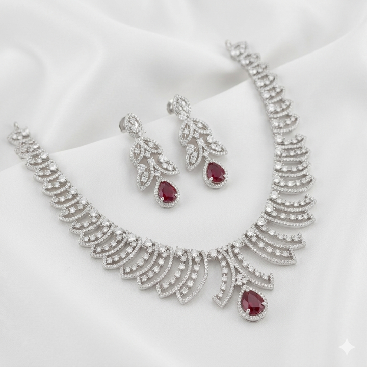 Elegant Silver-Polished American Diamond Necklace Set