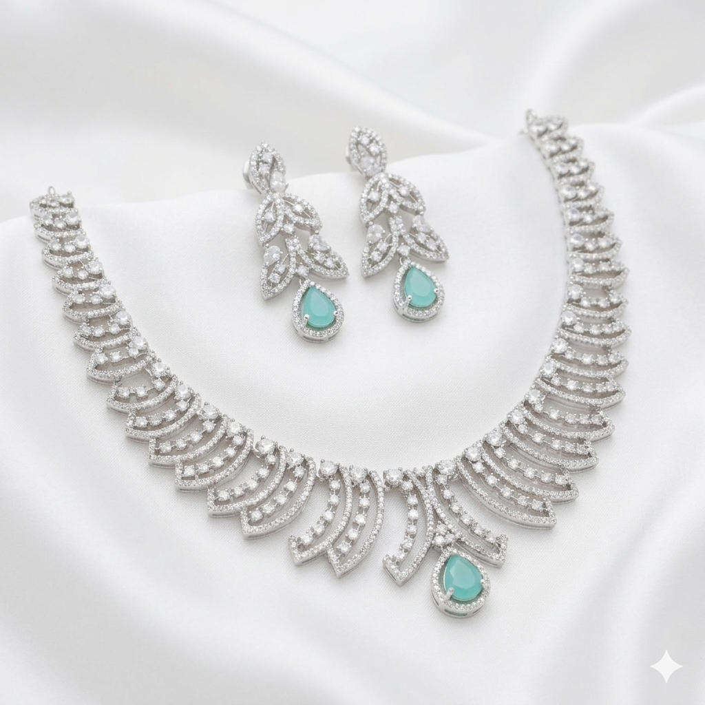 Elegant Silver-Polished American Diamond Necklace Set