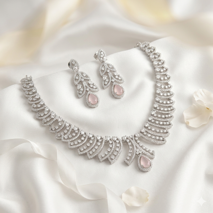 Elegant Silver-Polished American Diamond Necklace Set