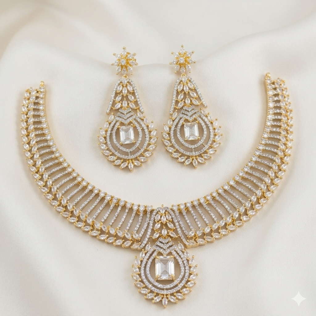 Gold Finish White AD Stone Necklace Set