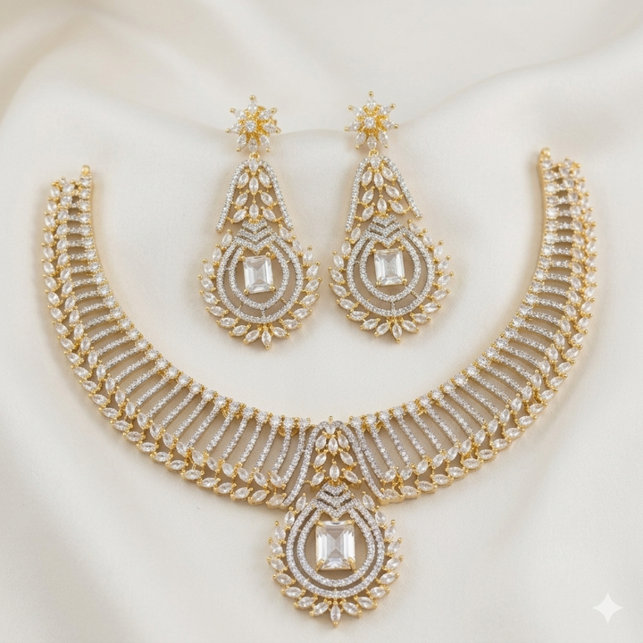 Gold Finish White AD Stone Necklace Set