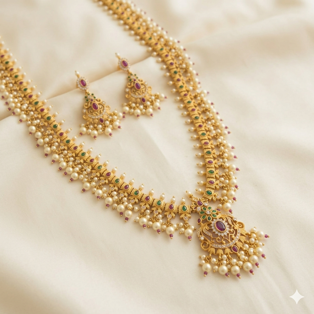 Long Traditional Pearl Necklace Set