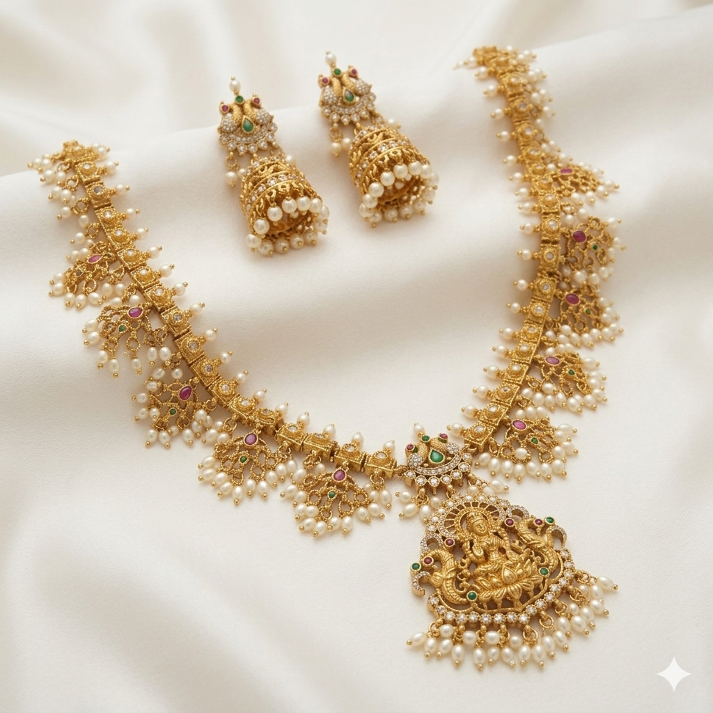 Laxmi Antique Necklace Set With Jumka