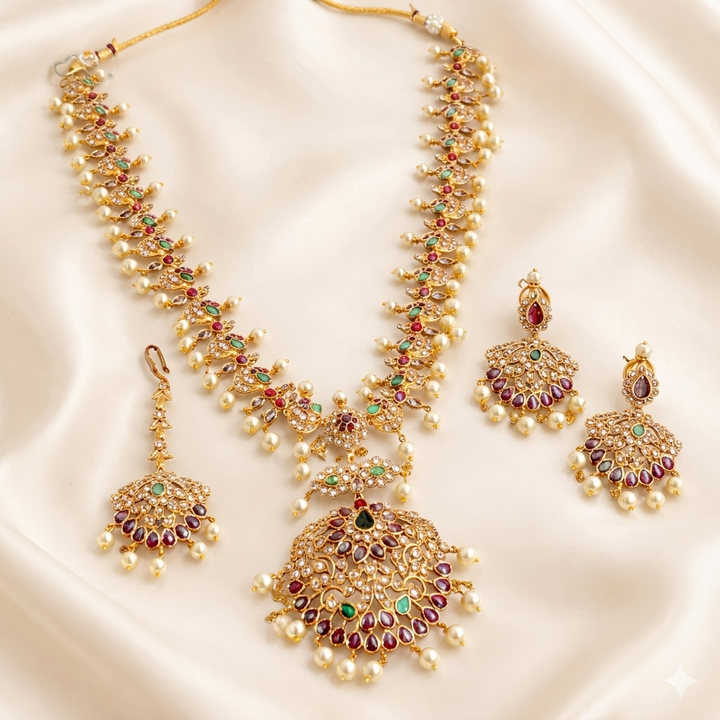 Gold Plated Green Stone Necklace Set