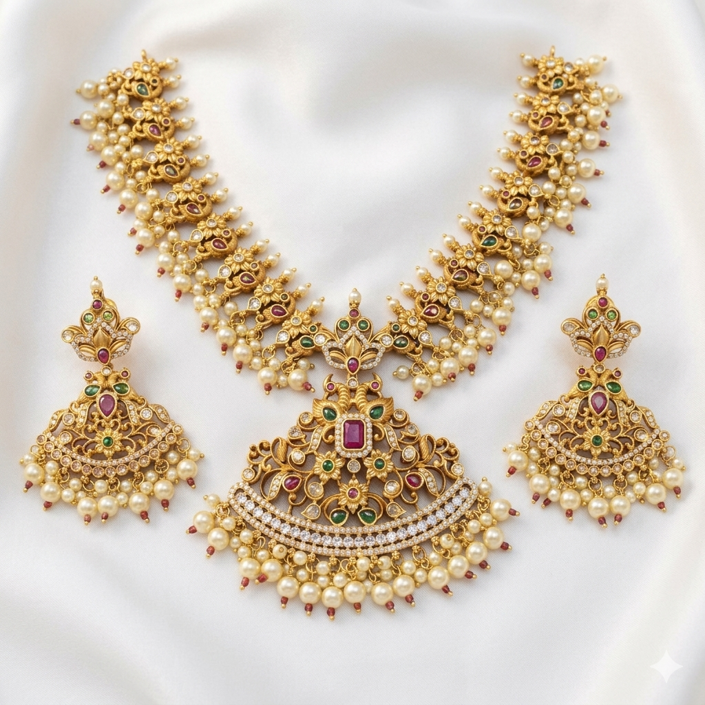 Traditional Gold-Plated Pearl Necklace Set