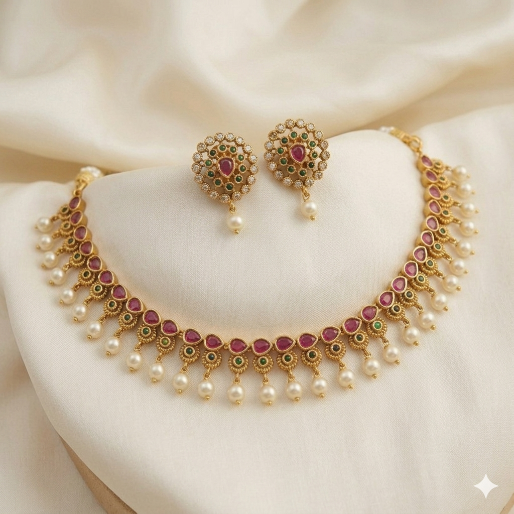 Traditional Gold Plated Minimal Ruby Necklace Set