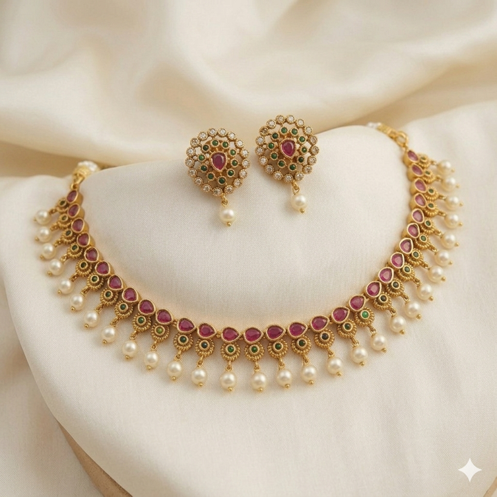 Traditional Gold Plated Minimal Ruby Necklace Set