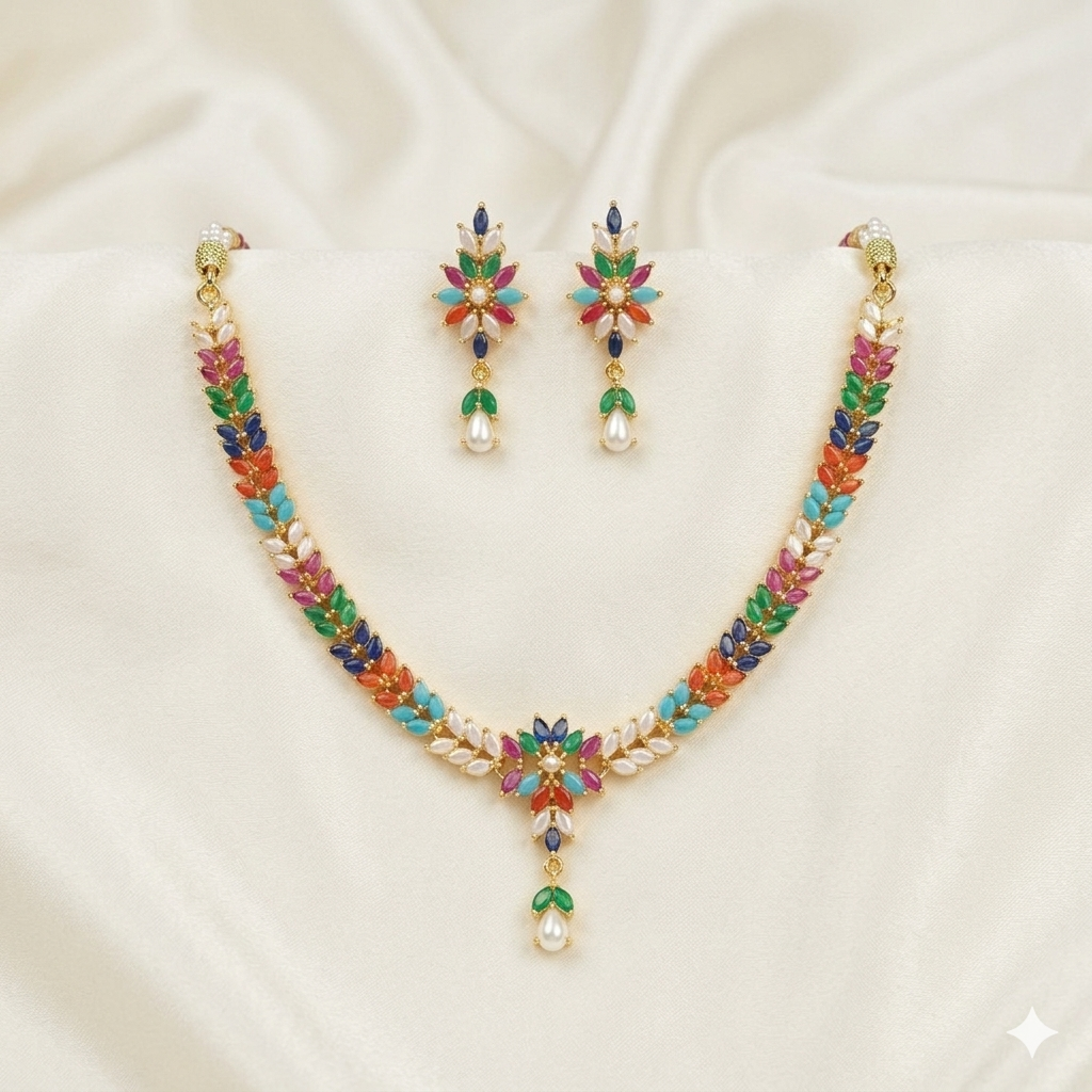 Sparkling Multi Stone Floral Design Necklace Set