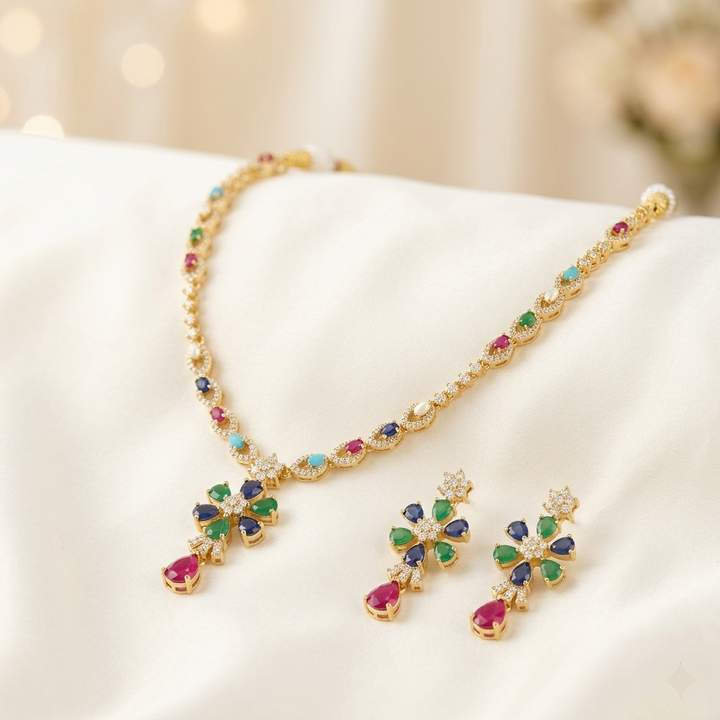 Gold Plated Navratna Necklace Set