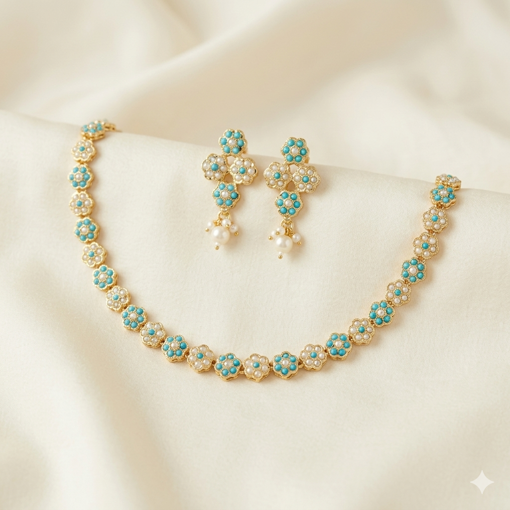 Flower Design Jadau Necklace Set