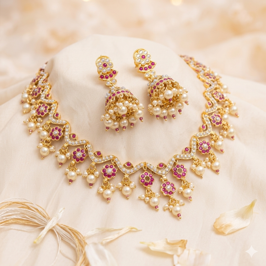 Light weight Antique Pearl Jadau Necklace Set