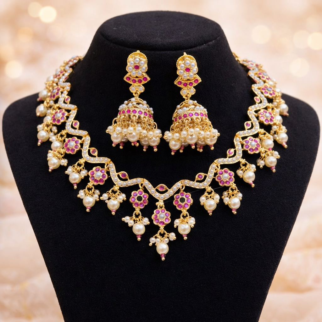 Light weight Antique Pearl Jadau Necklace Set