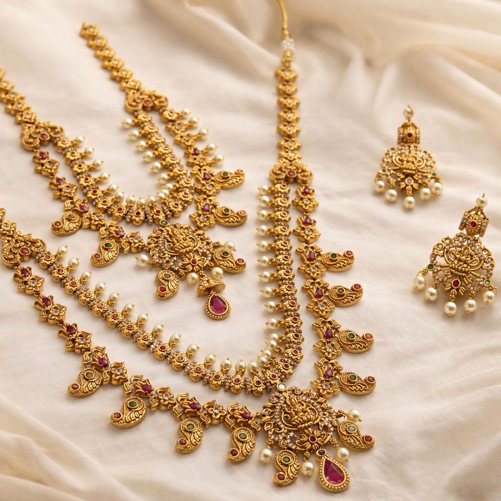 Traditional Long Short South Indian Necklace Set