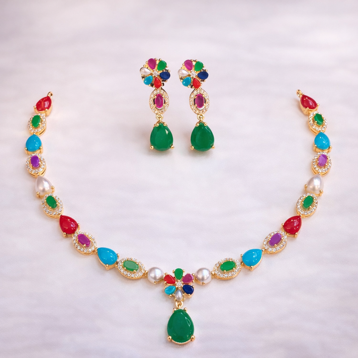 GOLD PLATED NAVRATAN NECKLACE SET FOR WOMEN