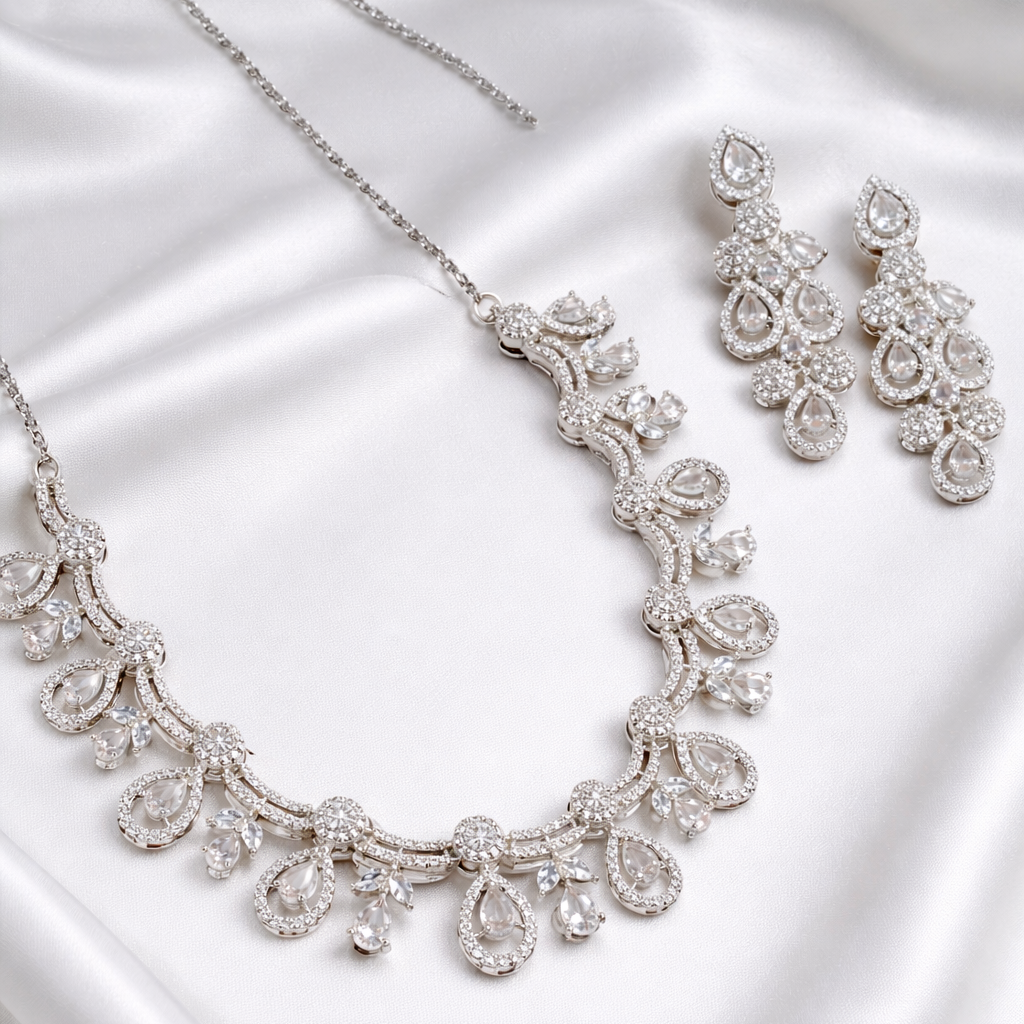 Silver Plated American Diamond Necklace Set