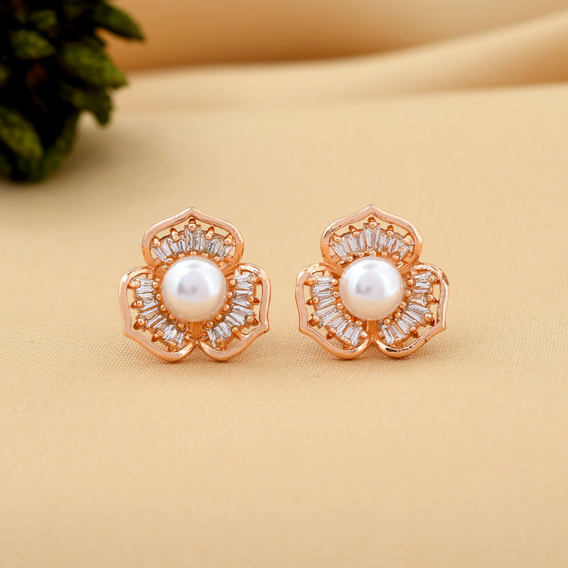 Rose Gold Plated Pearl Diamond Studs