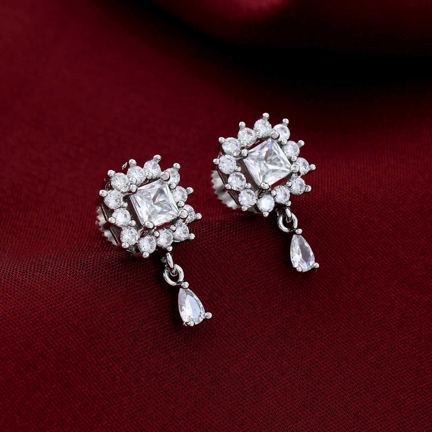 Flower Silver Zircon Drop Earrings