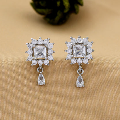 Flower Silver Zircon Drop Earrings