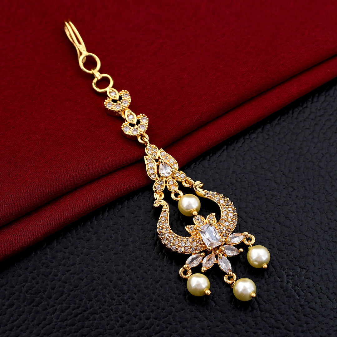 Gold Polished Pearl Maang Tikka