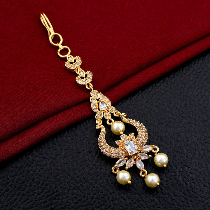 Gold Polished Pearl Maang Tikka