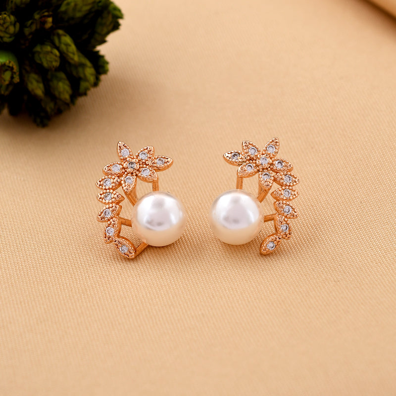 Elegance Leaf Design Pearl Stud Earrings