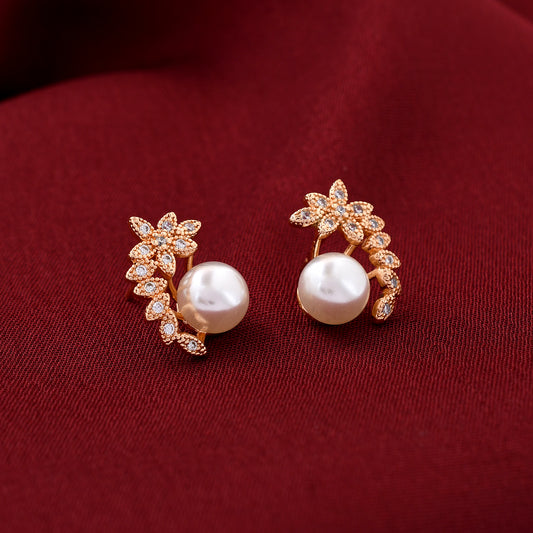 Elegance Leaf Design Pearl Stud Earrings