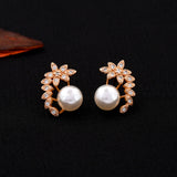 Elegance Leaf Design Pearl Stud Earrings