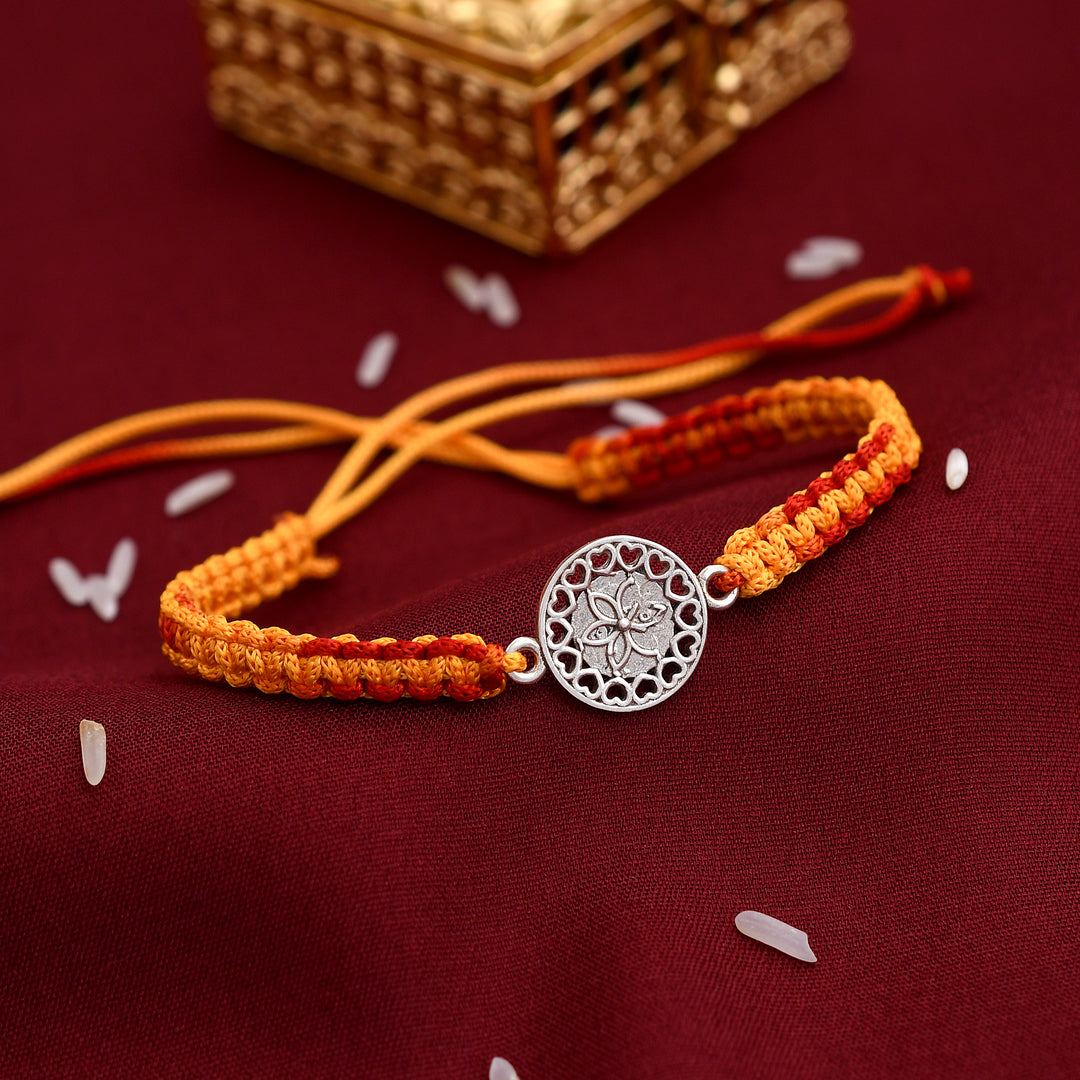 Stearlilng Flower Design Silver Rakhi