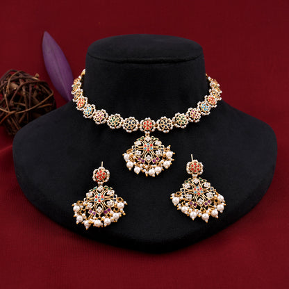 Flower Design Gold Plated Jadaau Necklace Set
