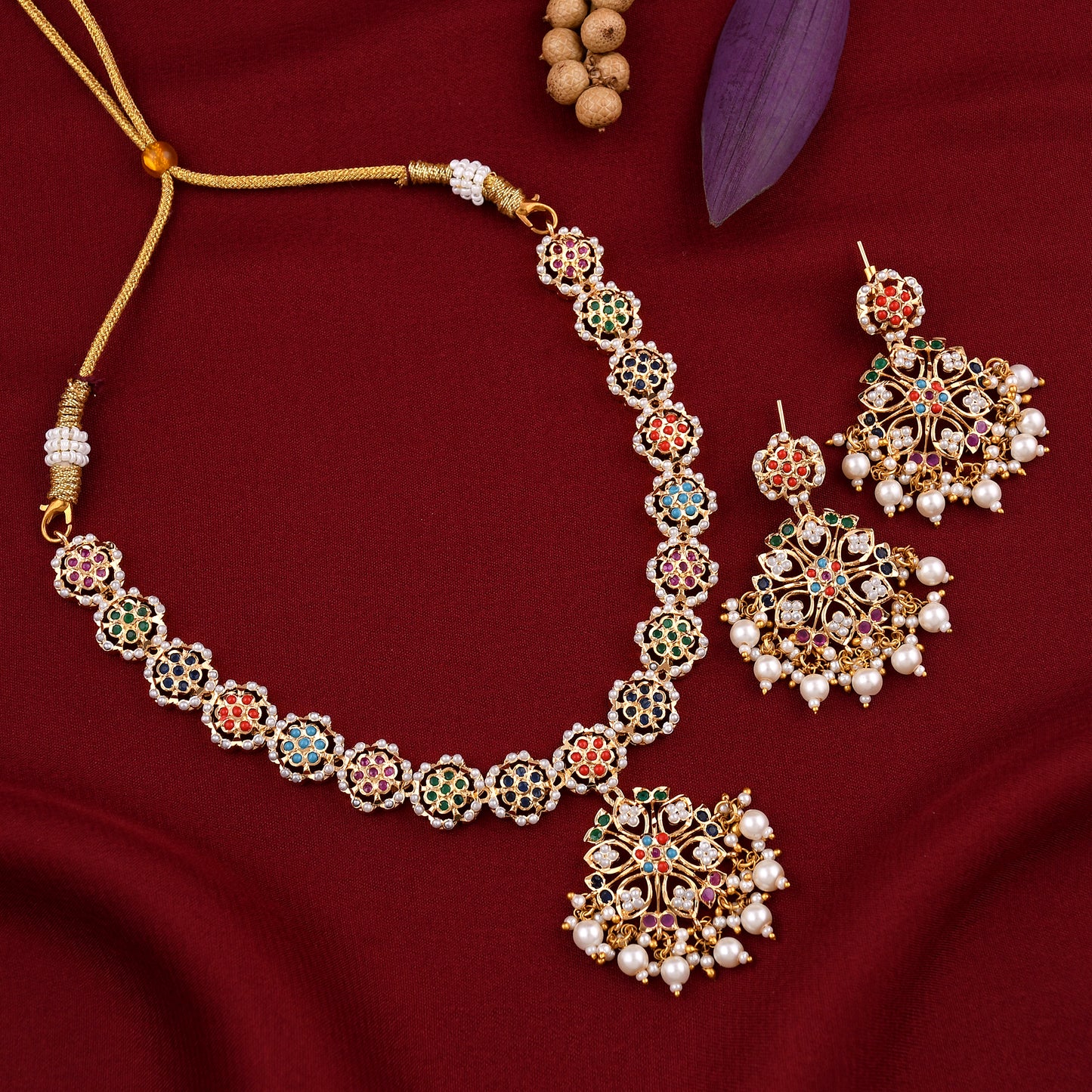 Flower Design Gold Plated Jadaau Necklace Set