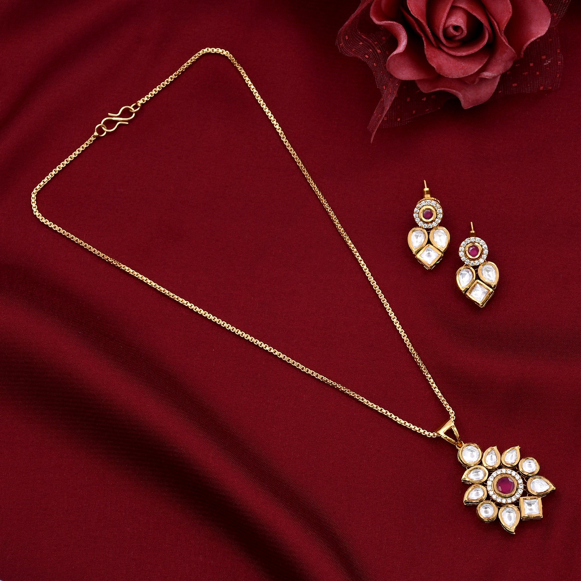 Rebaari Jewels Kundan Polki Pendant Set Classy Ruby Colour Kundan