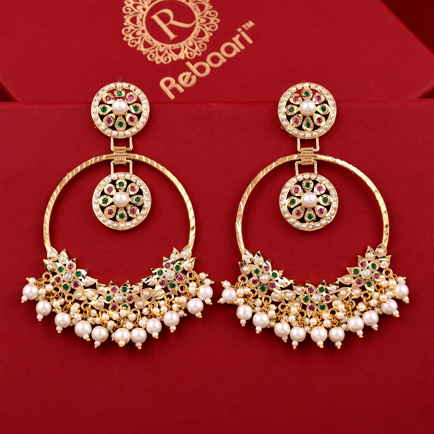 Jadaau Navratna Chandbali Earrings