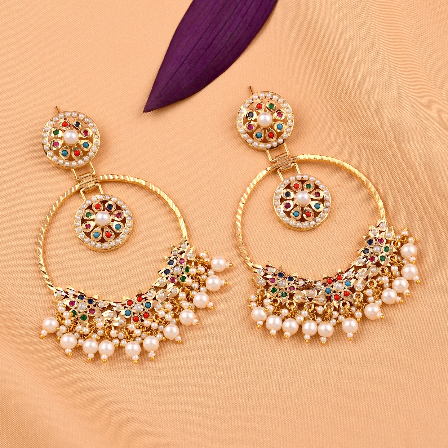 Jadaau Navratna Chandbali Earrings