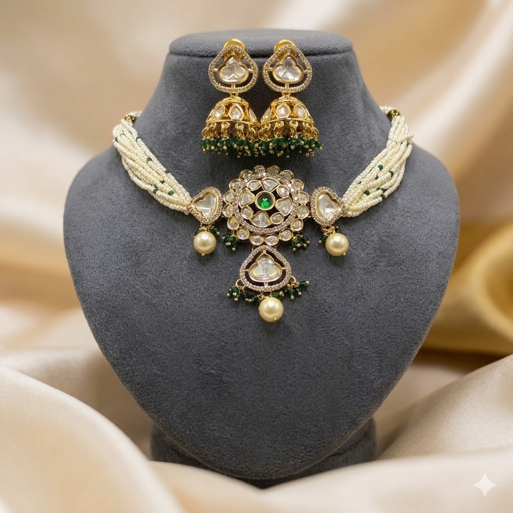 Gold Plated Stylish Kundan Choker Set