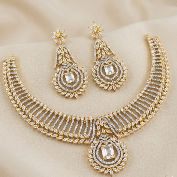 Gold Finish White AD Stone Necklace Set
