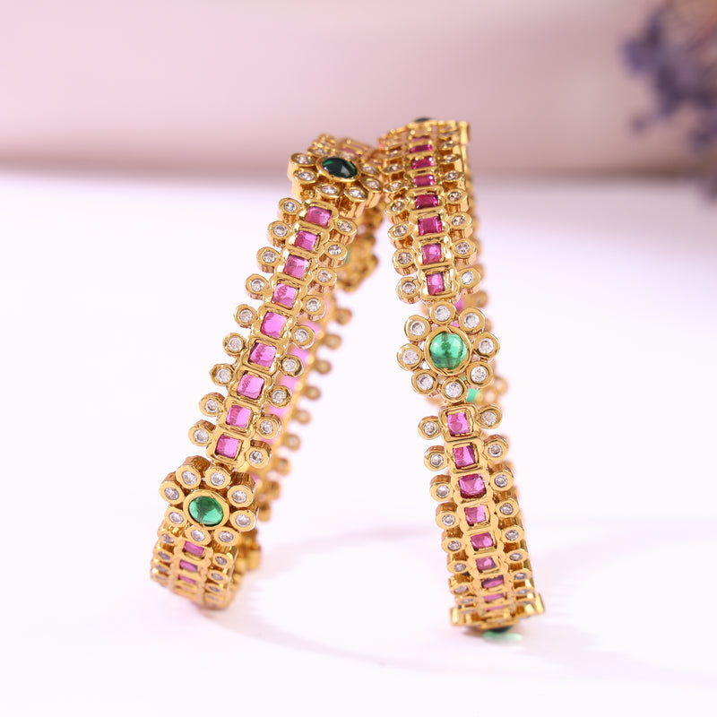 Gold Plated Green Flower Bangles Set