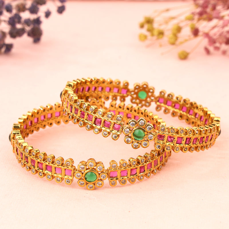 Gold Plated Green Flower Bangles Set