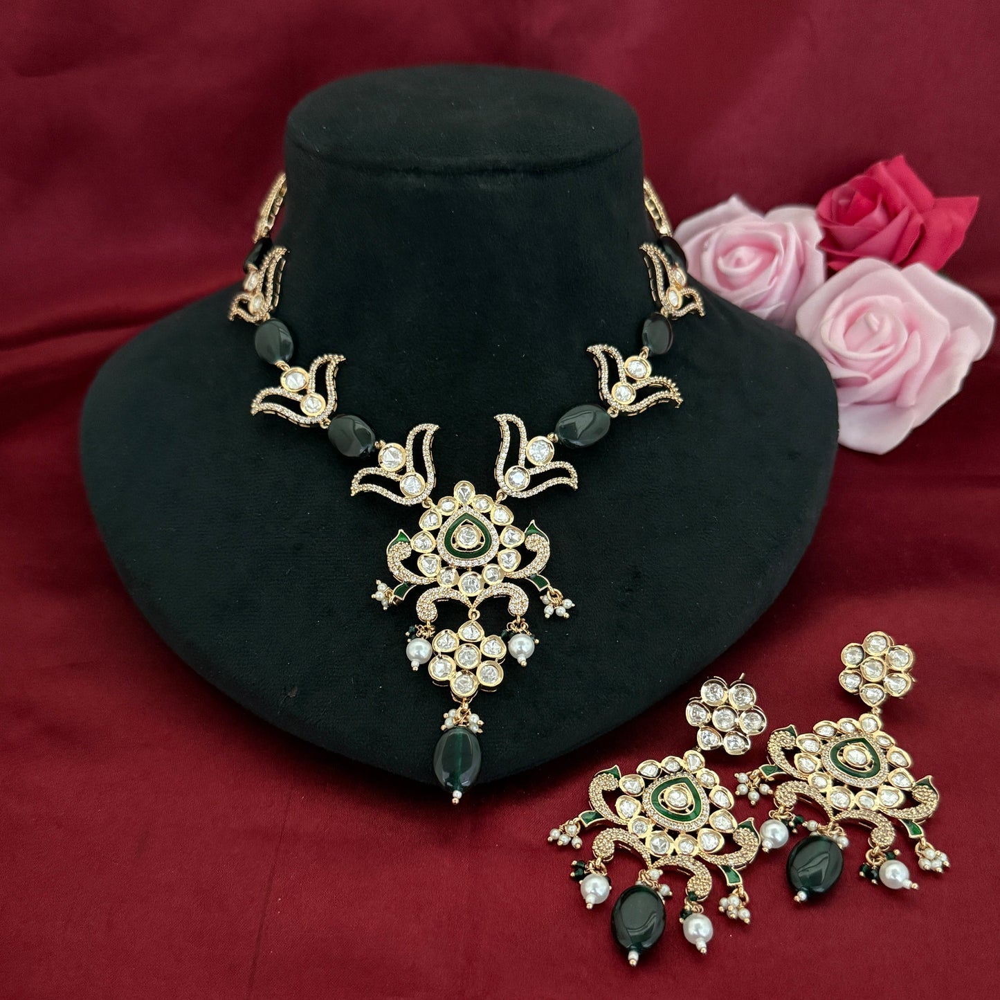 Green Color Kundan Polki Necklace Set