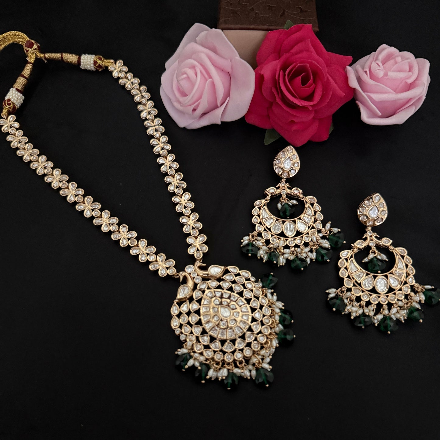 Green Polki Pendant Necklace Set