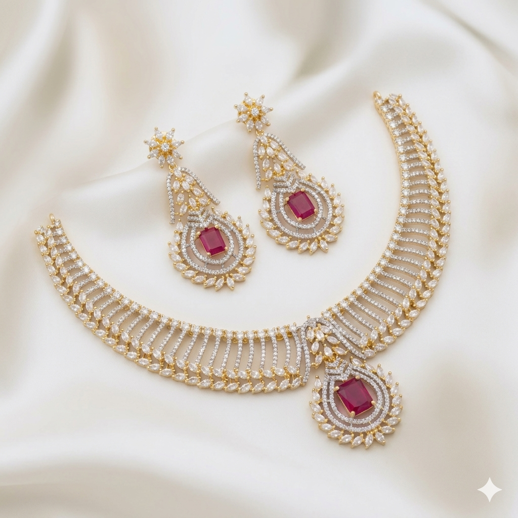 Gold Finish White AD Stone Necklace Set