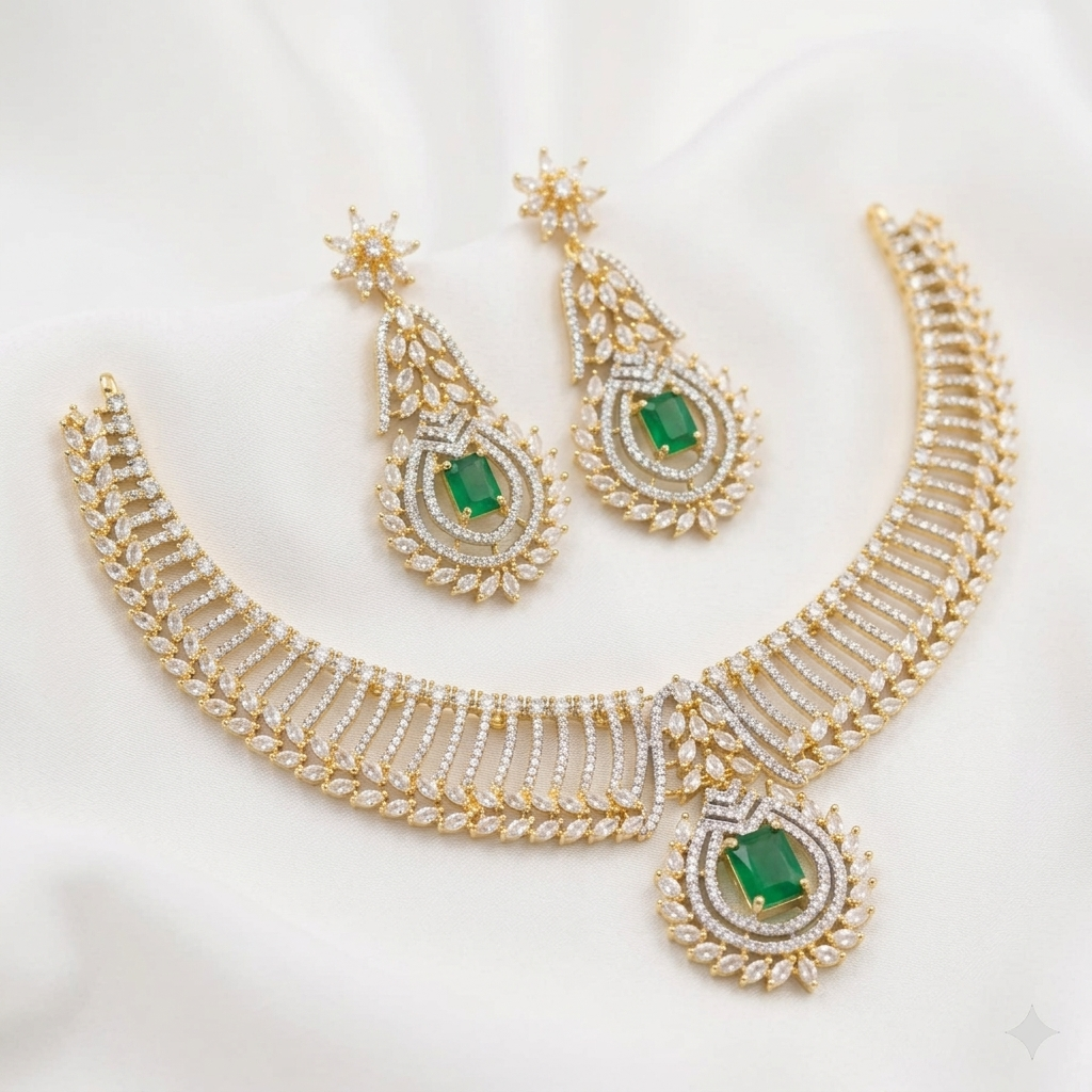 Gold Finish White AD Stone Necklace Set