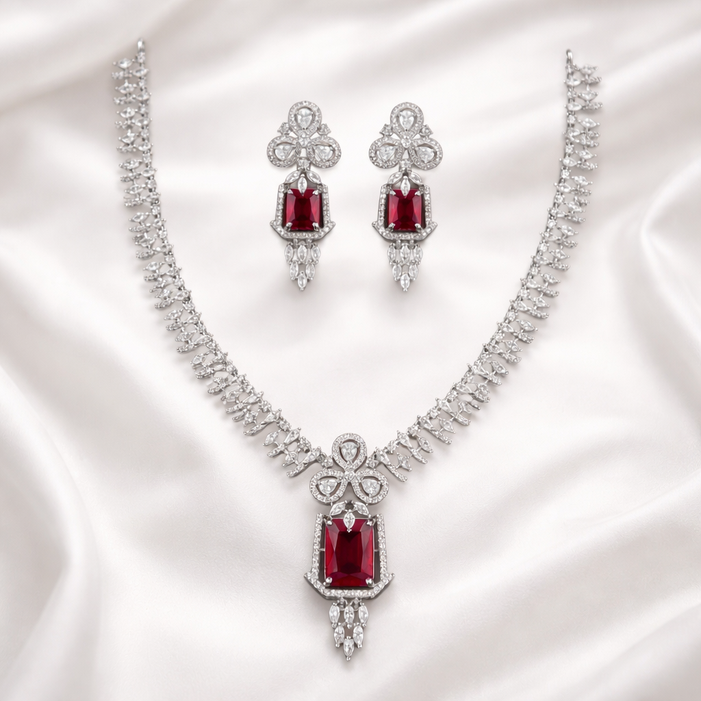 Silver Plated Green American Diamond Necklace Set